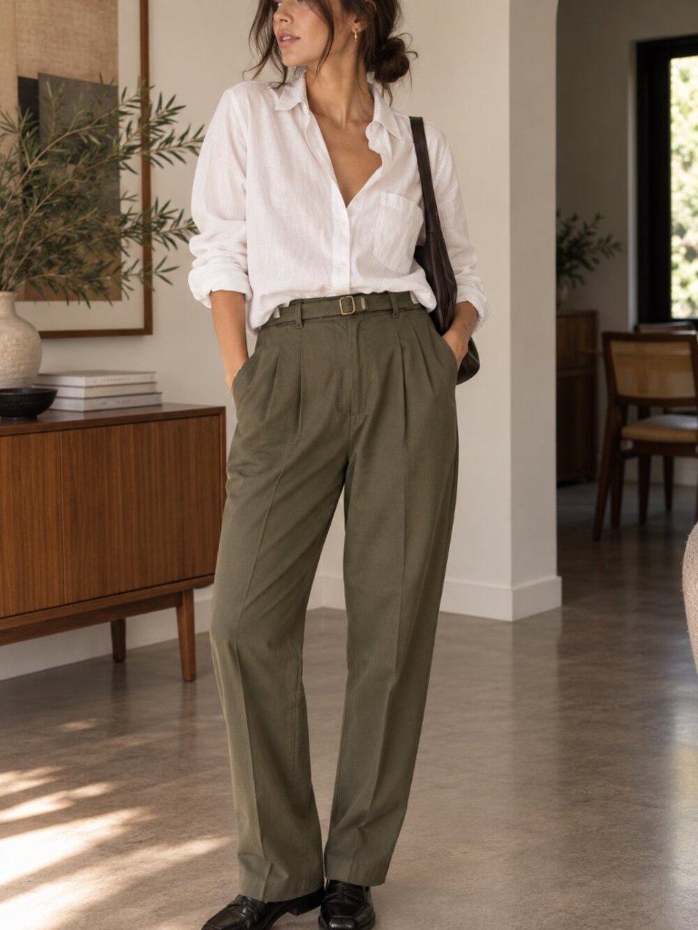 Vintage 90s Olive Pleated Trousers‎ High Waist Belted Pants Size 14 ✨